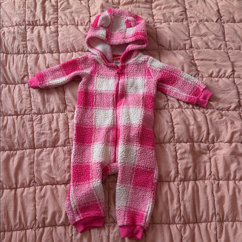 CARTERS Infant Fleece Snowsuit. Size 12 Mos. Pink/White Plaid.